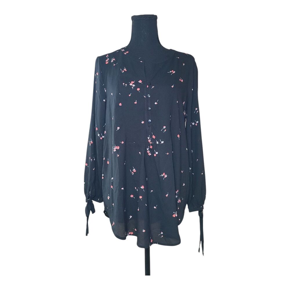 Liz Claiborne Women’s Size Medium Black Sheer V-Neck Tie Sleeve Floral Blouse - Picture 3 of 9